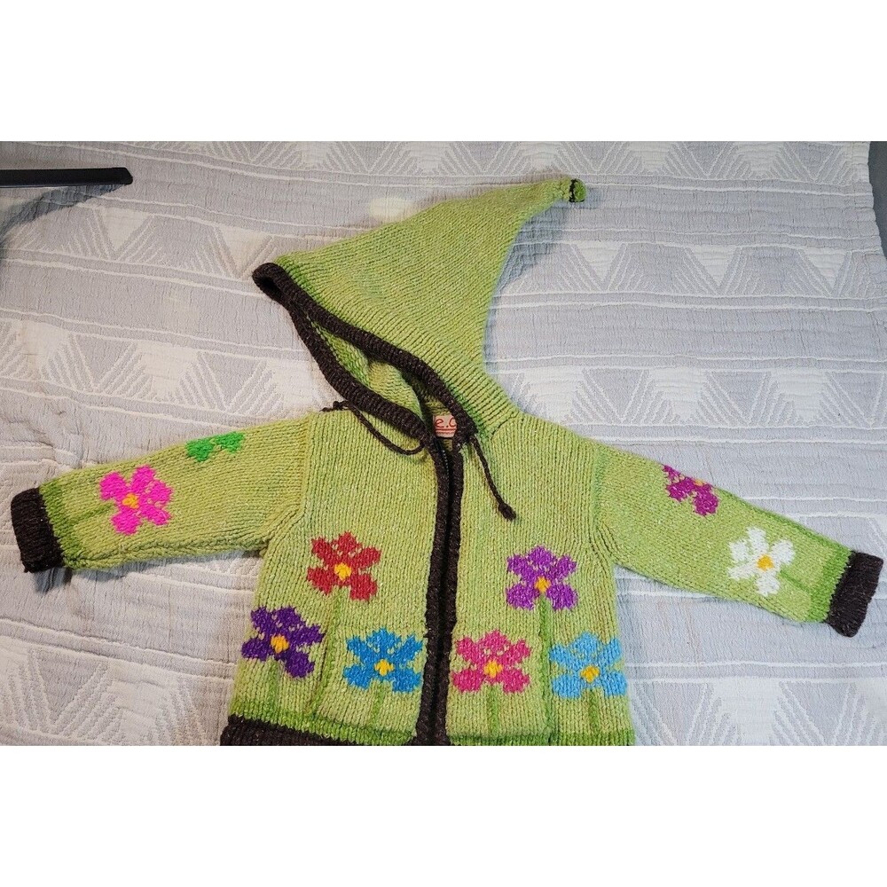 Ecuadorian Clothing Company Knit Sweater Hoodie Green Floral 50% Wool 50% Cotton